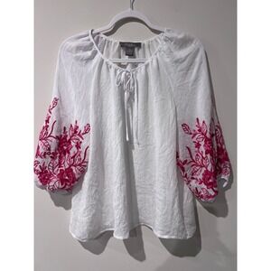 Olivia Martin White‎ Embroidered Floral 3/4 Sleeve Tie Neck Blouse Women's M